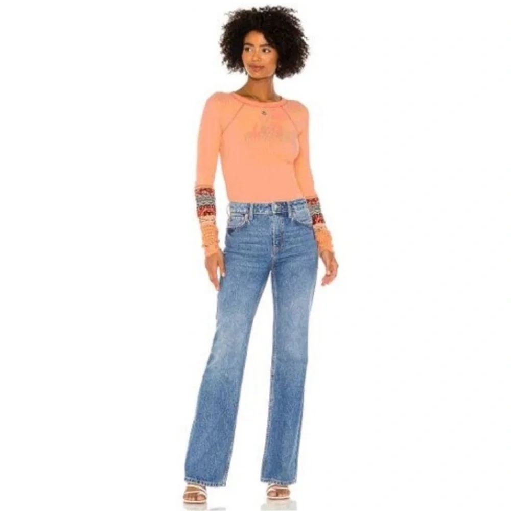 People In The Mix Thermal Ribbed Fitted Contrast Printed Crochet Cuffs Boho S